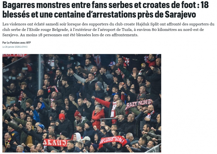 直播吧-法媒：克罗地亚和塞尔维亚球迷爆发大规模冲突，93人被捕18人受伤